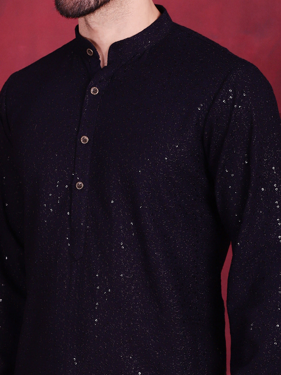 Jompers Men's Sequins Chikankari Kurta - Navy Blue - Distacart