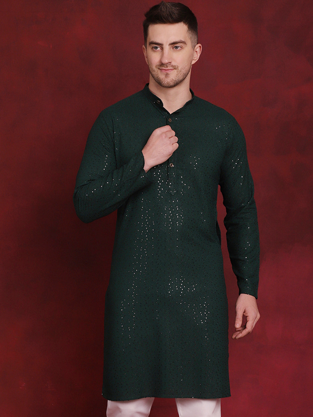 Jompers Men's Sequins Chikankari Kurta - Olive - Distacart
