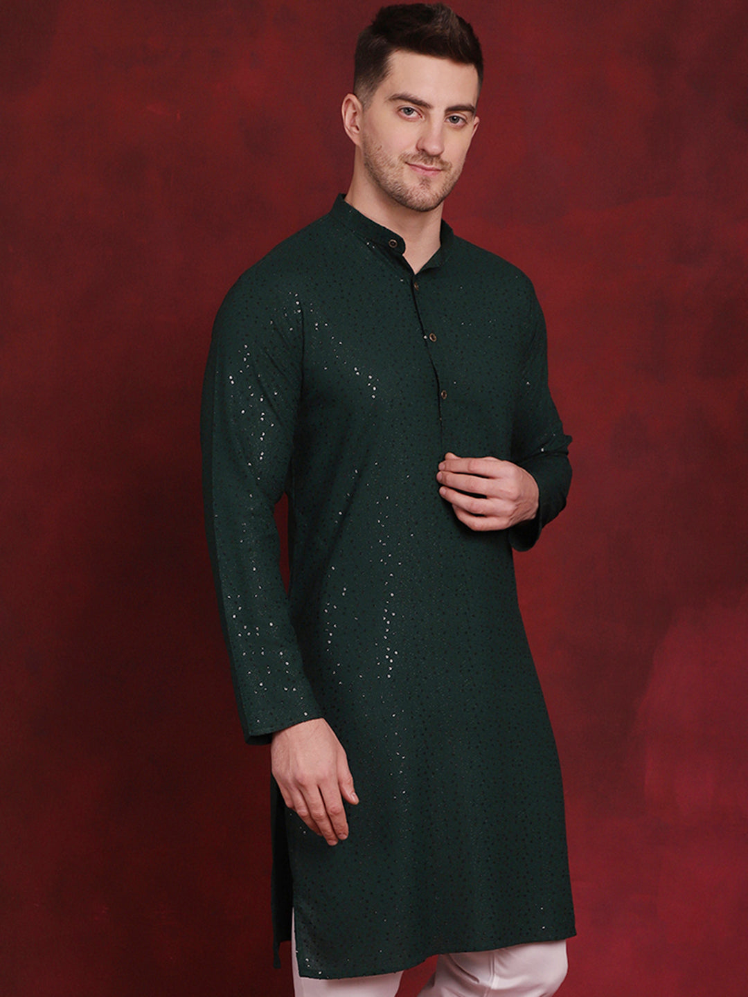 Jompers Men's Sequins Chikankari Kurta - Olive - Distacart