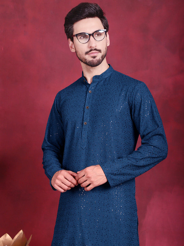 Jompers Men's Sequins Chikankari Kurta - Peacock - Distacart