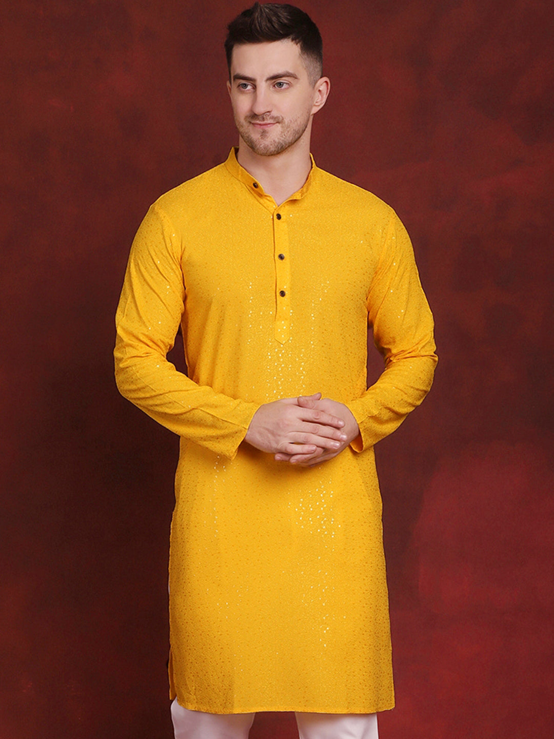 Jompers Men's Sequins Chikankari Kurta - Yellow - Distacart