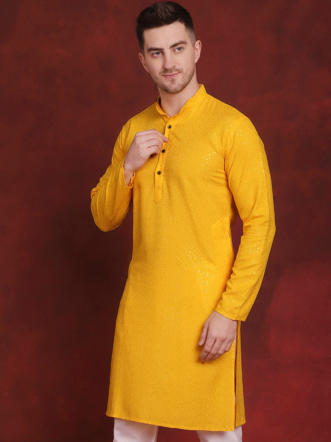 Jompers Men's Sequins Chikankari Kurta - Yellow - Distacart