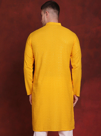 Jompers Men's Sequins Chikankari Kurta - Yellow - Distacart