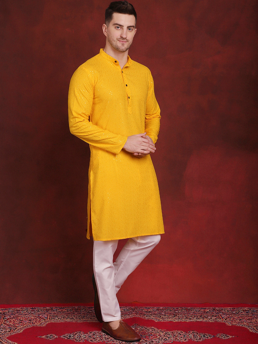 Jompers Men's Sequins Chikankari Kurta - Yellow - Distacart