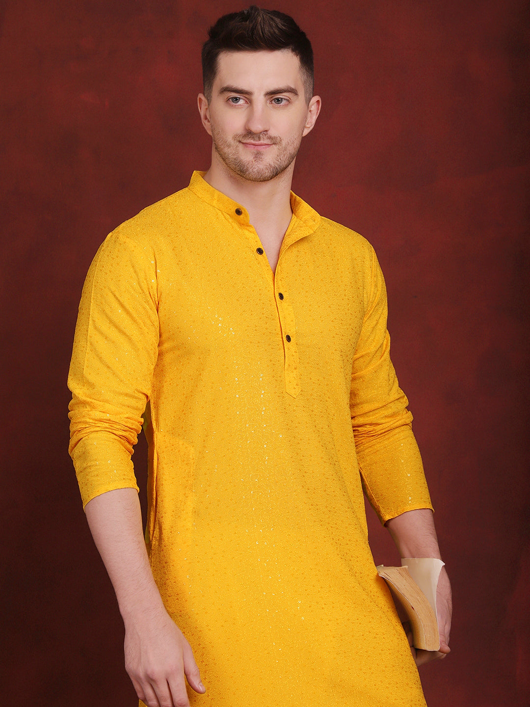 Jompers Men's Sequins Chikankari Kurta - Yellow - Distacart