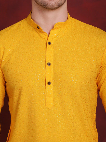 Jompers Men's Sequins Chikankari Kurta - Yellow - Distacart