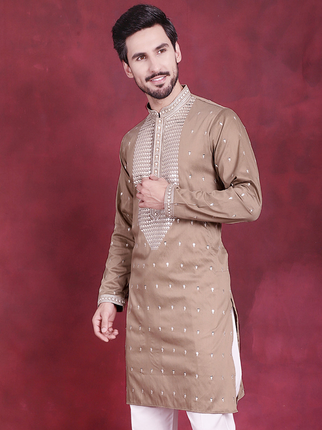 Jompers Men's Sequins Embroidered Kurta - Beige - Distacart