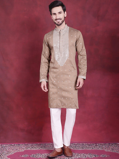 Jompers Men's Sequins Embroidered Kurta - Beige - Distacart