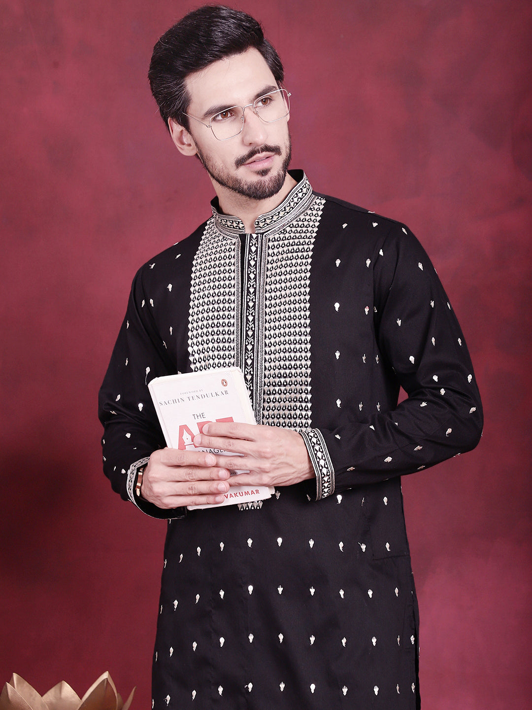 Jompers Men's Sequins Embroidered Kurta - Black - Distacart
