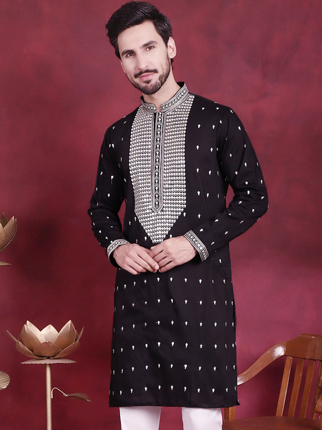 Jompers Men's Sequins Embroidered Kurta - Black - Distacart