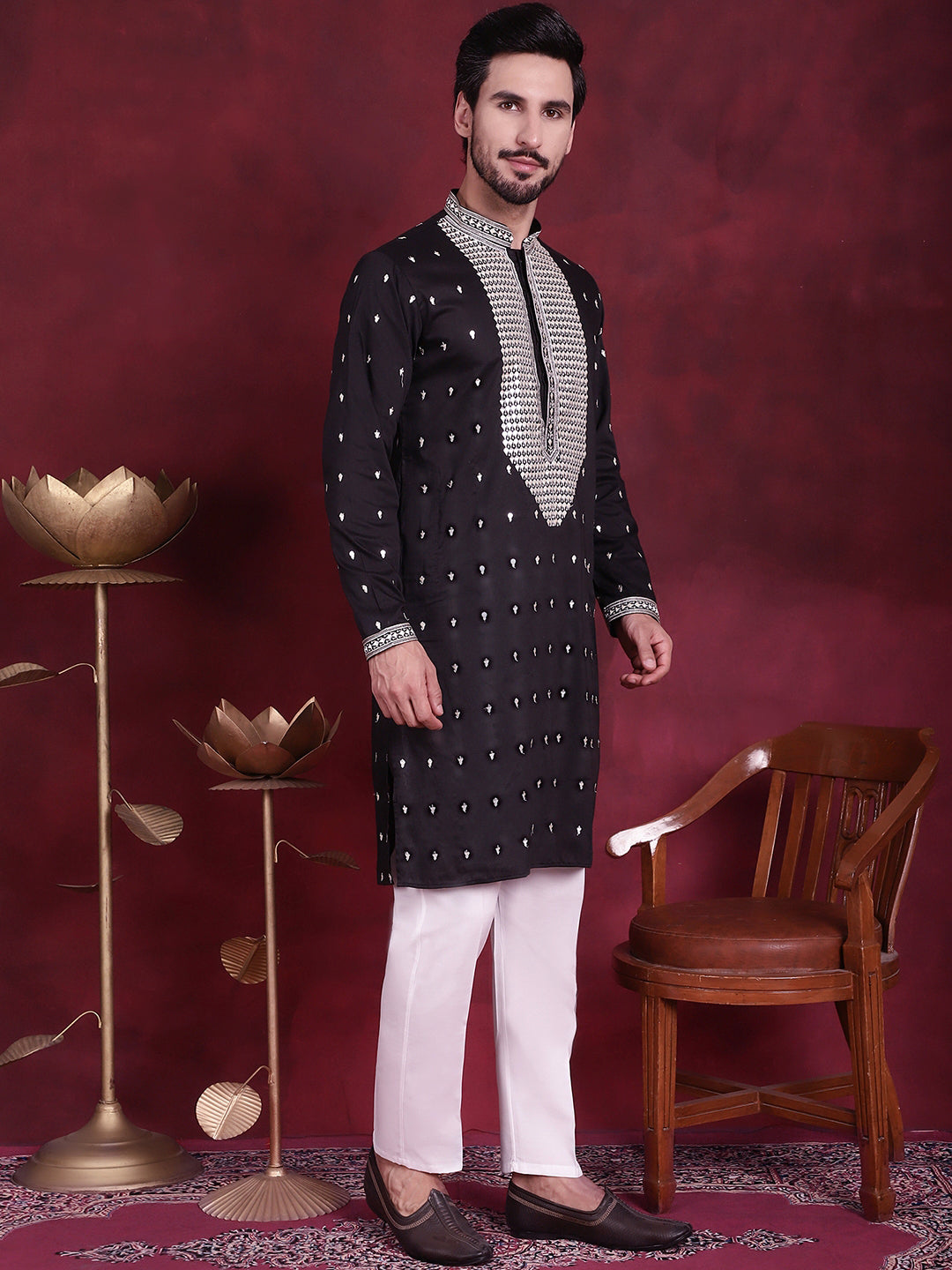 Jompers Men's Sequins Embroidered Kurta - Black - Distacart