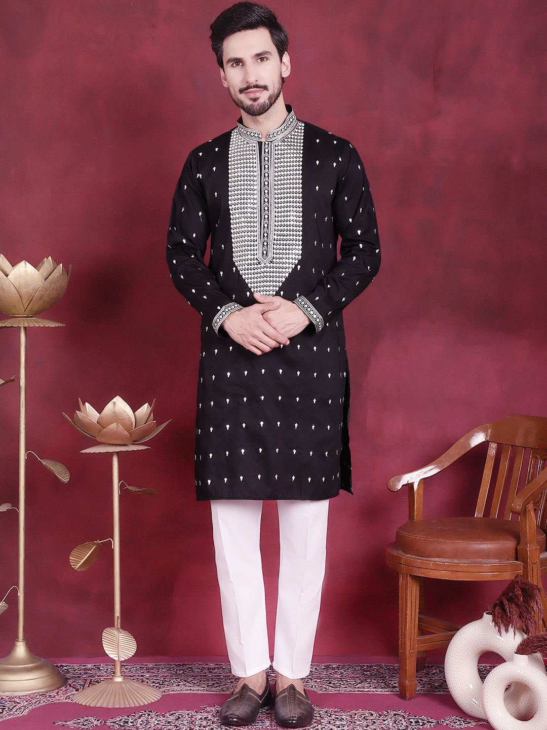 Jompers Men's Sequins Embroidered Kurta - Black - Distacart
