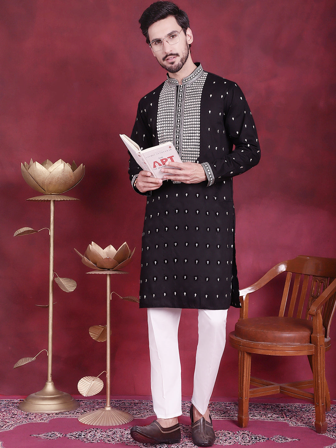 Jompers Men's Sequins Embroidered Kurta - Black - Distacart