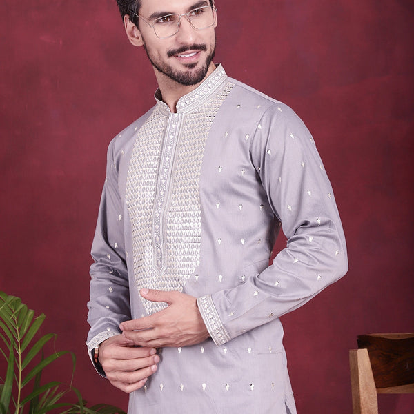 Jompers Men's Sequins Embroidered Kurta - Grey - Distacart