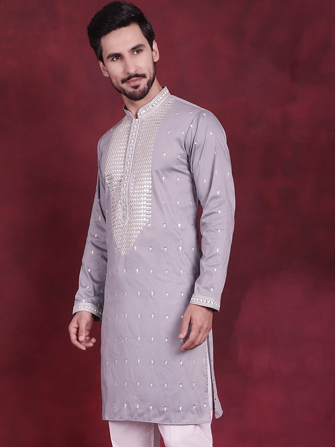 Jompers Men's Sequins Embroidered Kurta - Grey - Distacart