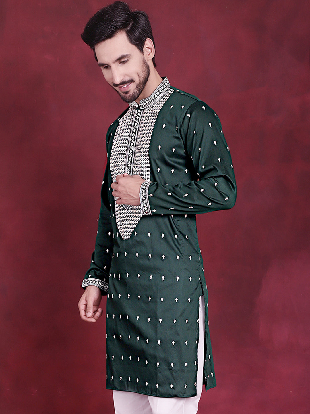 Jompers Men's Sequins Embroidered Kurta - Olive - Distacart