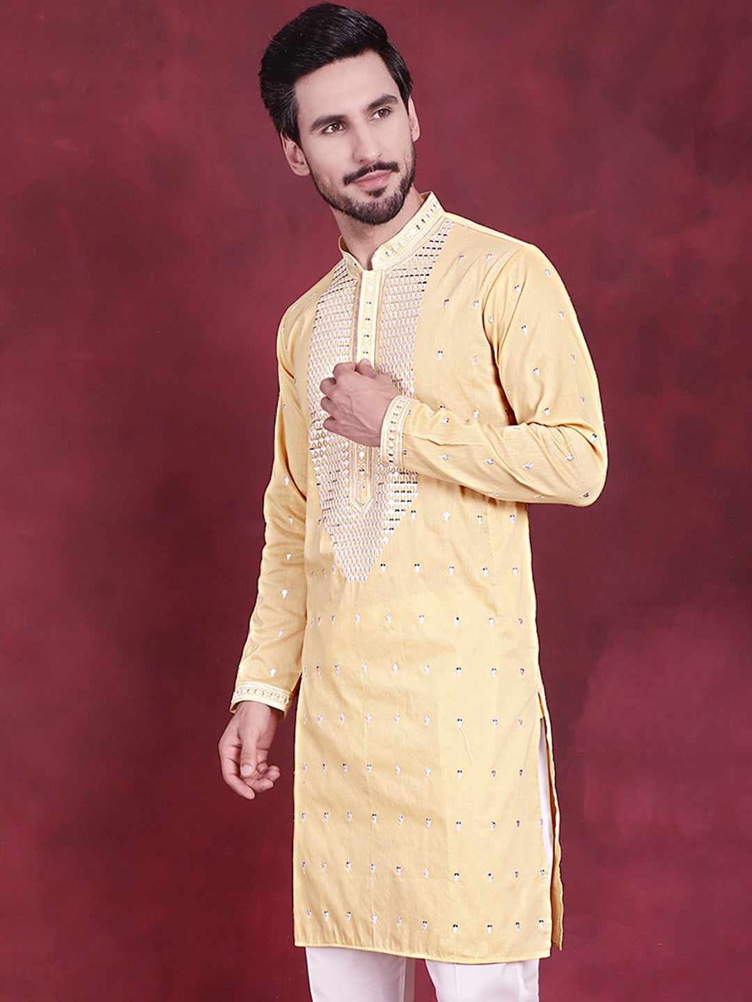 Jompers Men's Sequins Embroidered Kurta - Yellow - Distacart