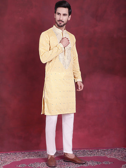 Jompers Men's Sequins Embroidered Kurta - Yellow - Distacart