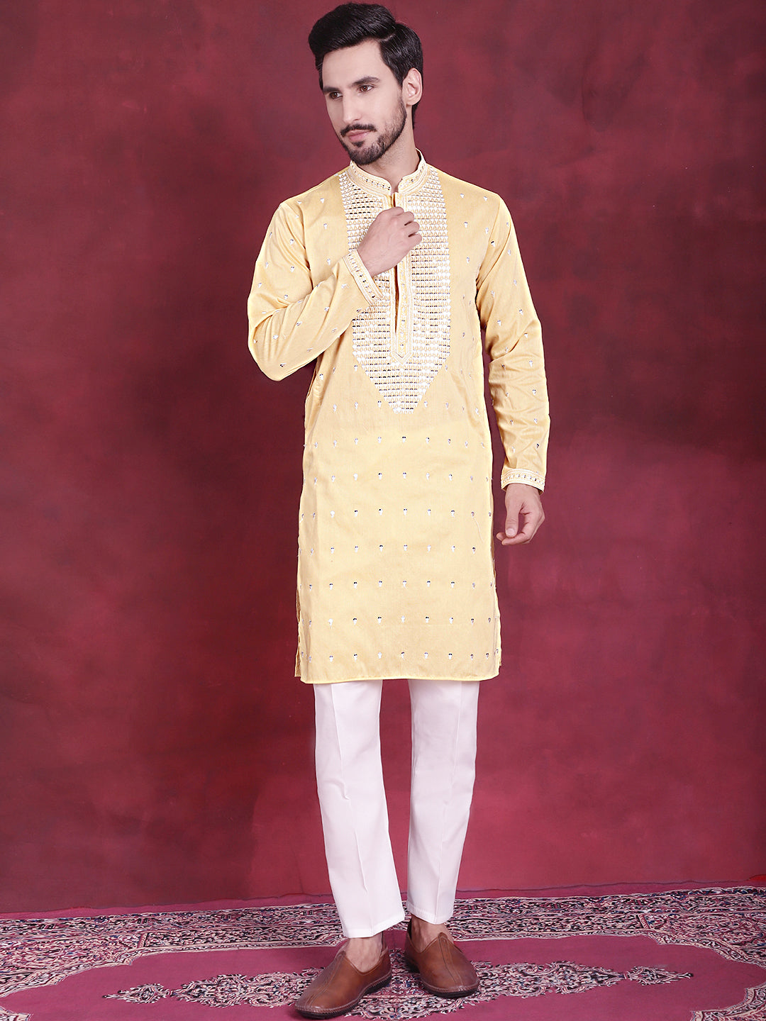 Jompers Men's Sequins Embroidered Kurta - Yellow - Distacart