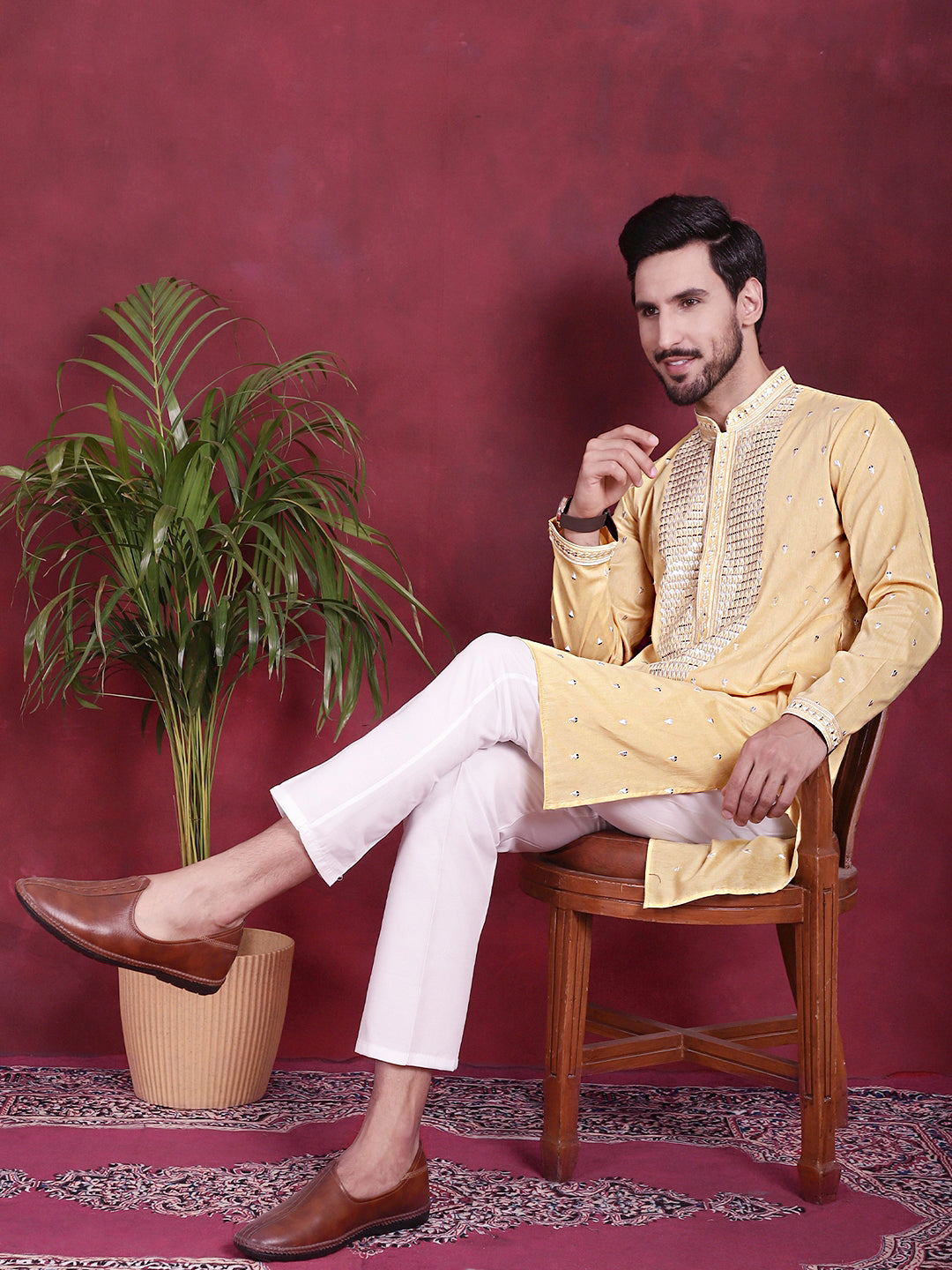 Jompers Men's Sequins Embroidered Kurta - Yellow - Distacart