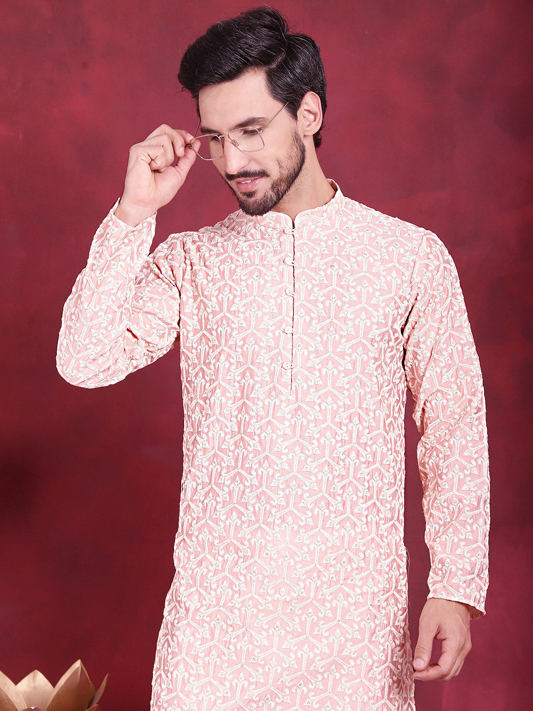 Jompers Men's Chikankari Embroidered Kurta - Pink - Distacart