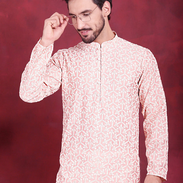 Jompers Men's Chikankari Embroidered Kurta - Pink - Distacart