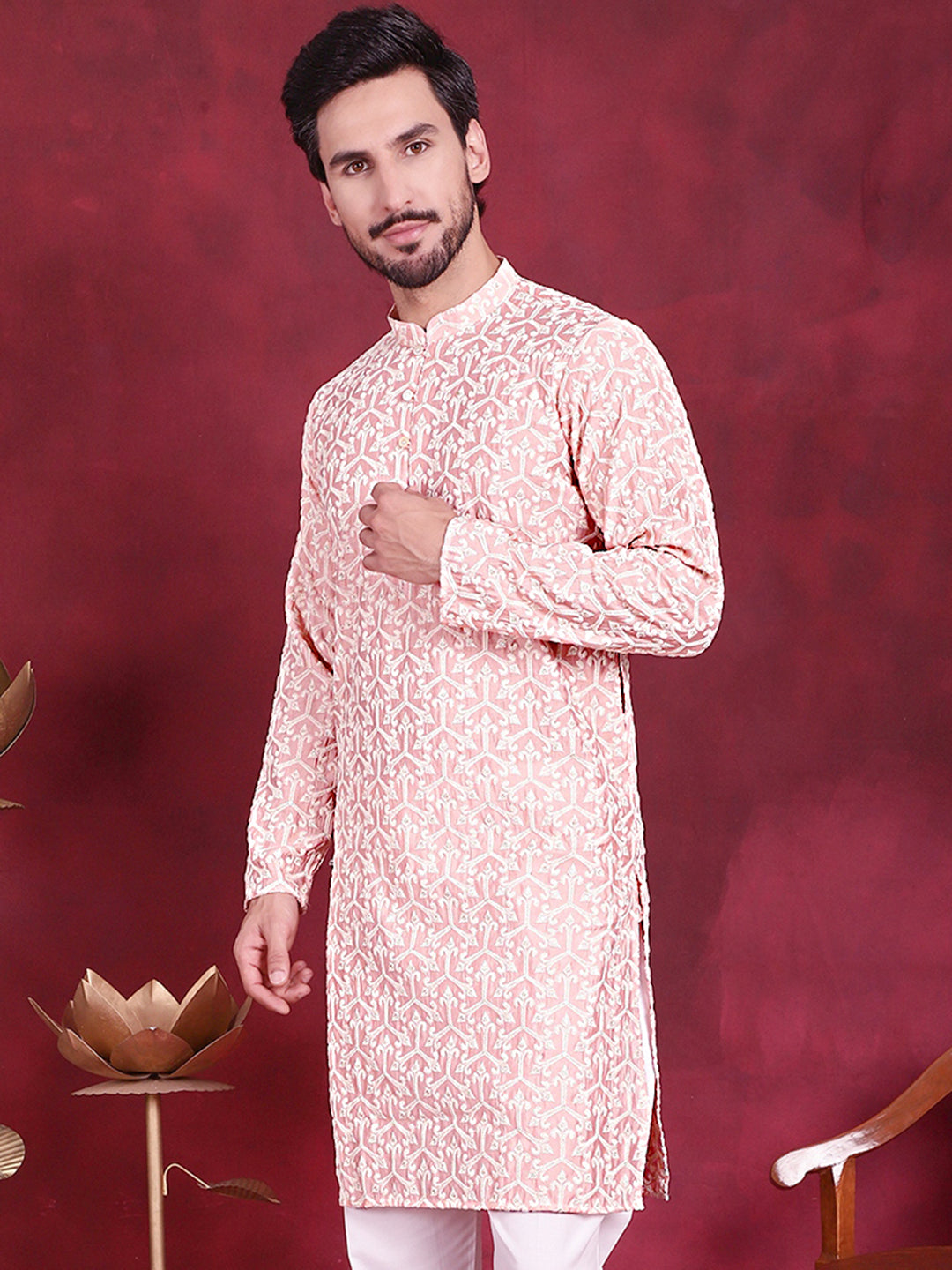 Jompers Men's Chikankari Embroidered Kurta - Pink - Distacart