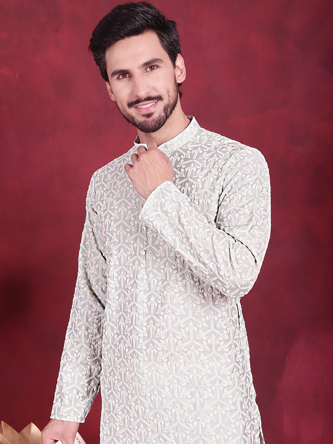 Jompers Men's Chikankari Embroidered Kurta - Pista - Distacart