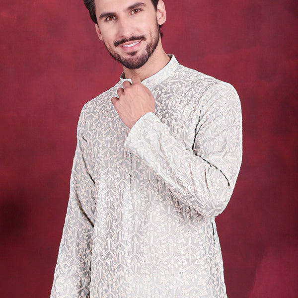 Jompers Men's Chikankari Embroidered Kurta - Pista - Distacart