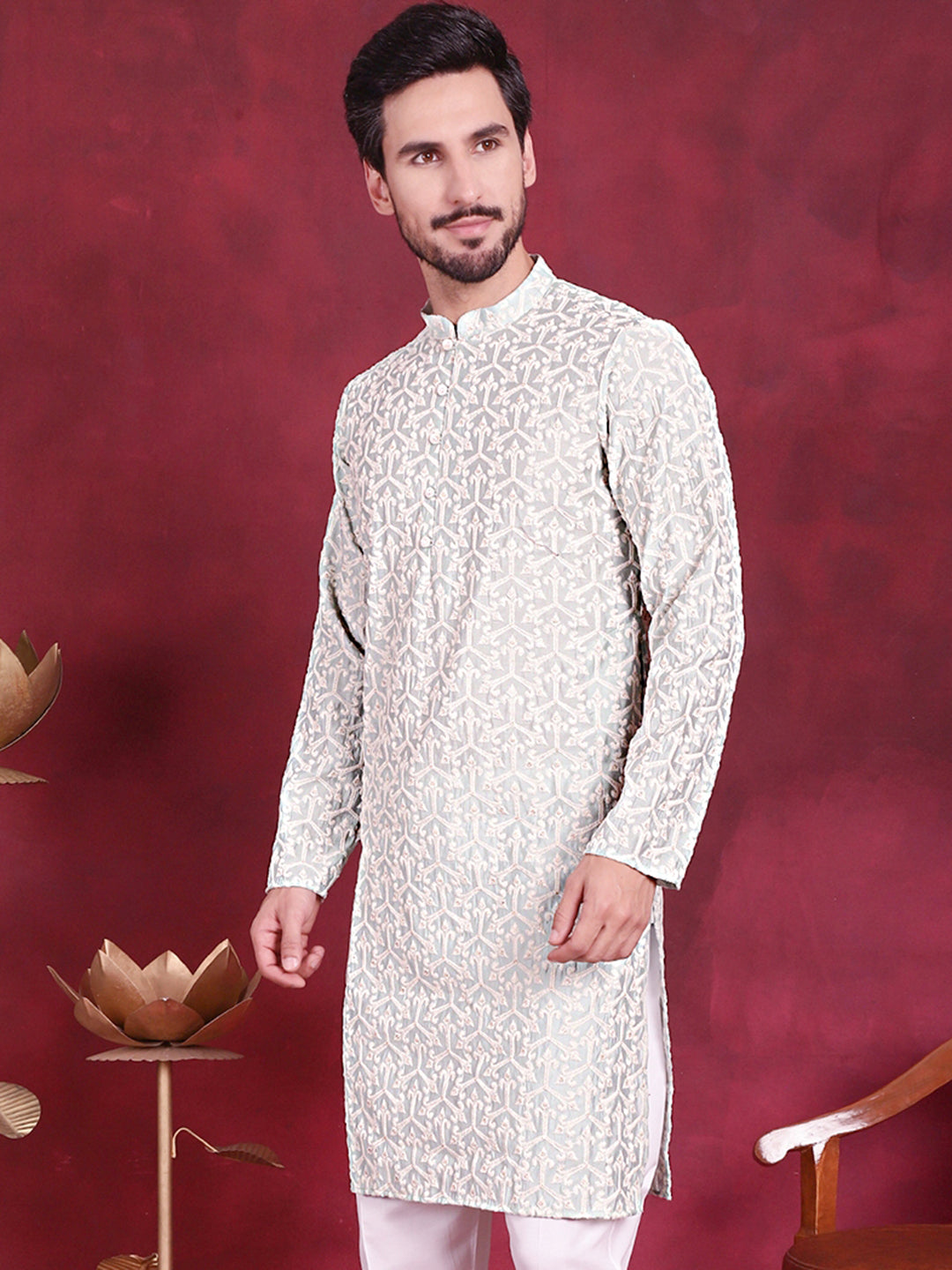 Jompers Men's Chikankari Embroidered Kurta - Pista - Distacart