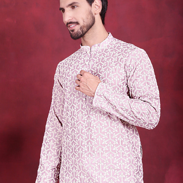 Jompers Men's Chikankari Embroidered Kurta - Purple - Distacart