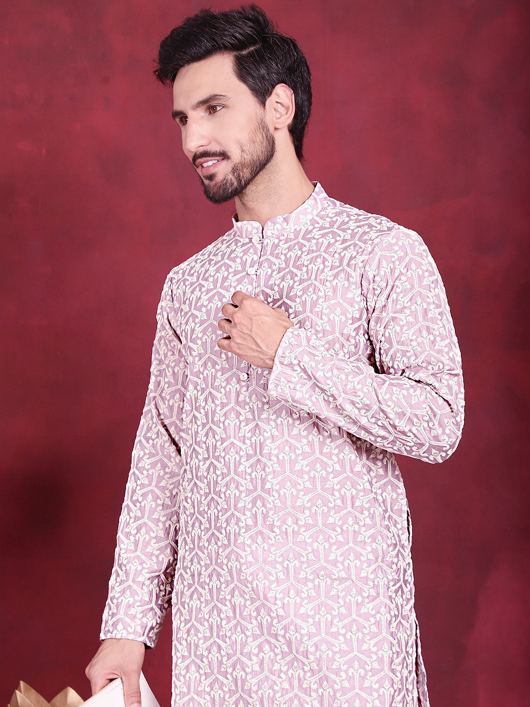 Jompers Men's Chikankari Embroidered Kurta - Purple - Distacart
