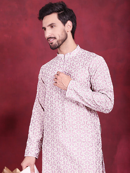 Jompers Men's Chikankari Embroidered Kurta - Purple - Distacart