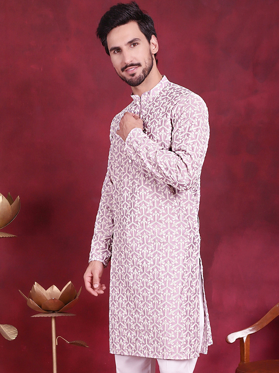 Jompers Men's Chikankari Embroidered Kurta - Purple - Distacart