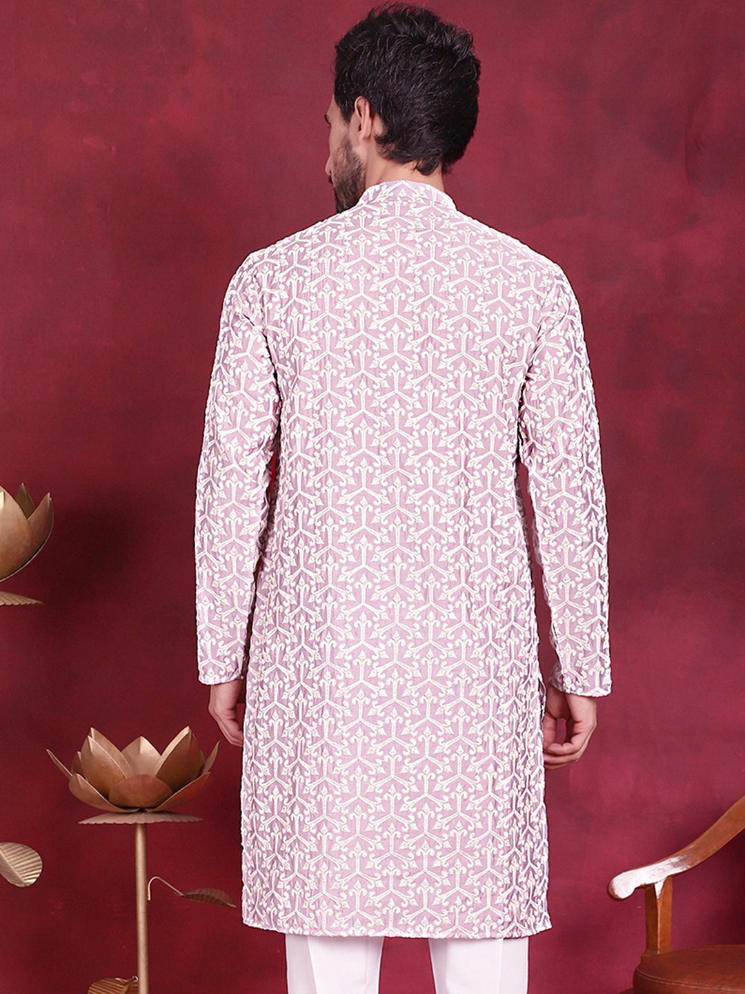 Jompers Men's Chikankari Embroidered Kurta - Purple - Distacart