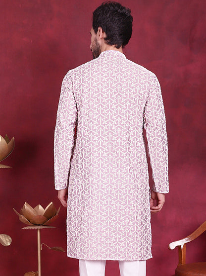 Jompers Men's Chikankari Embroidered Kurta - Purple - Distacart