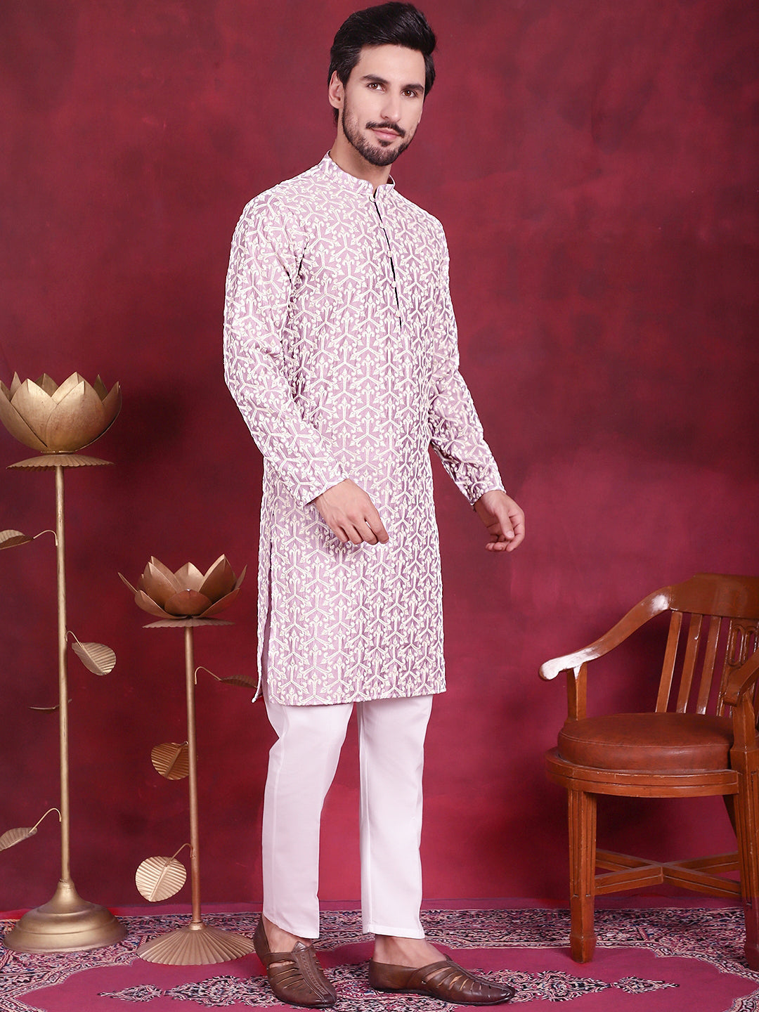 Jompers Men's Chikankari Embroidered Kurta - Purple - Distacart