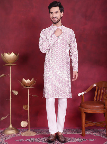 Jompers Men's Chikankari Embroidered Kurta - Purple - Distacart
