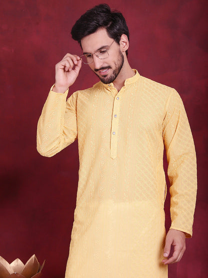 Jompers Men's Chikankari Embroidered Kurta - Beige - Distacart