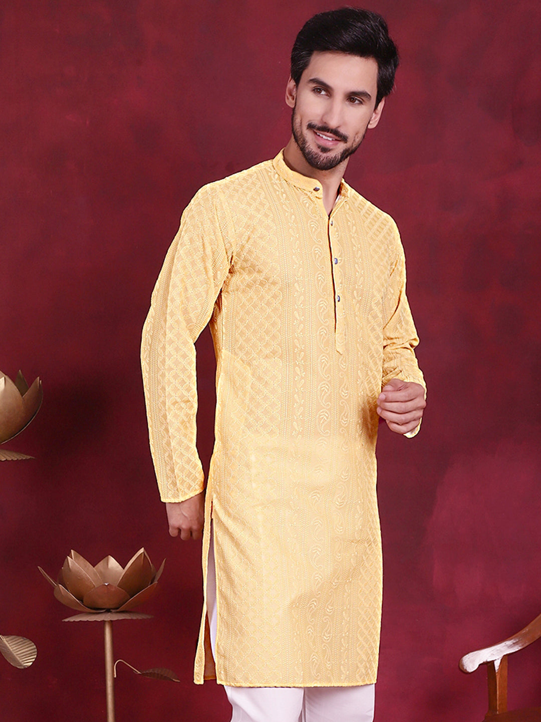 Jompers Men's Chikankari Embroidered Kurta - Beige - Distacart
