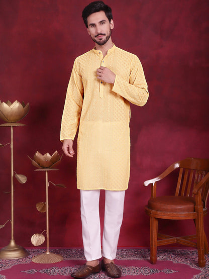 Jompers Men's Chikankari Embroidered Kurta - Beige - Distacart