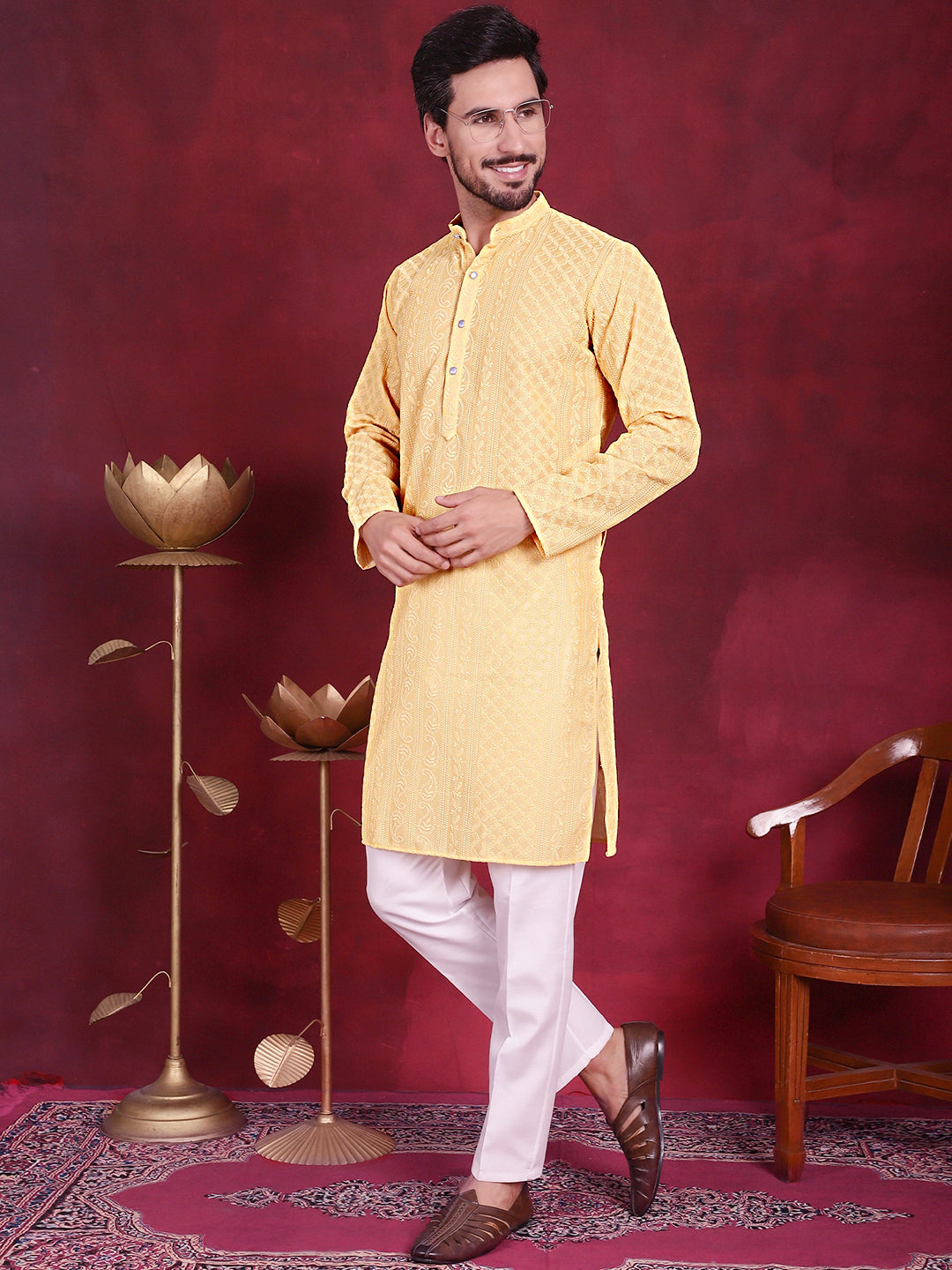 Jompers Men's Chikankari Embroidered Kurta - Beige - Distacart