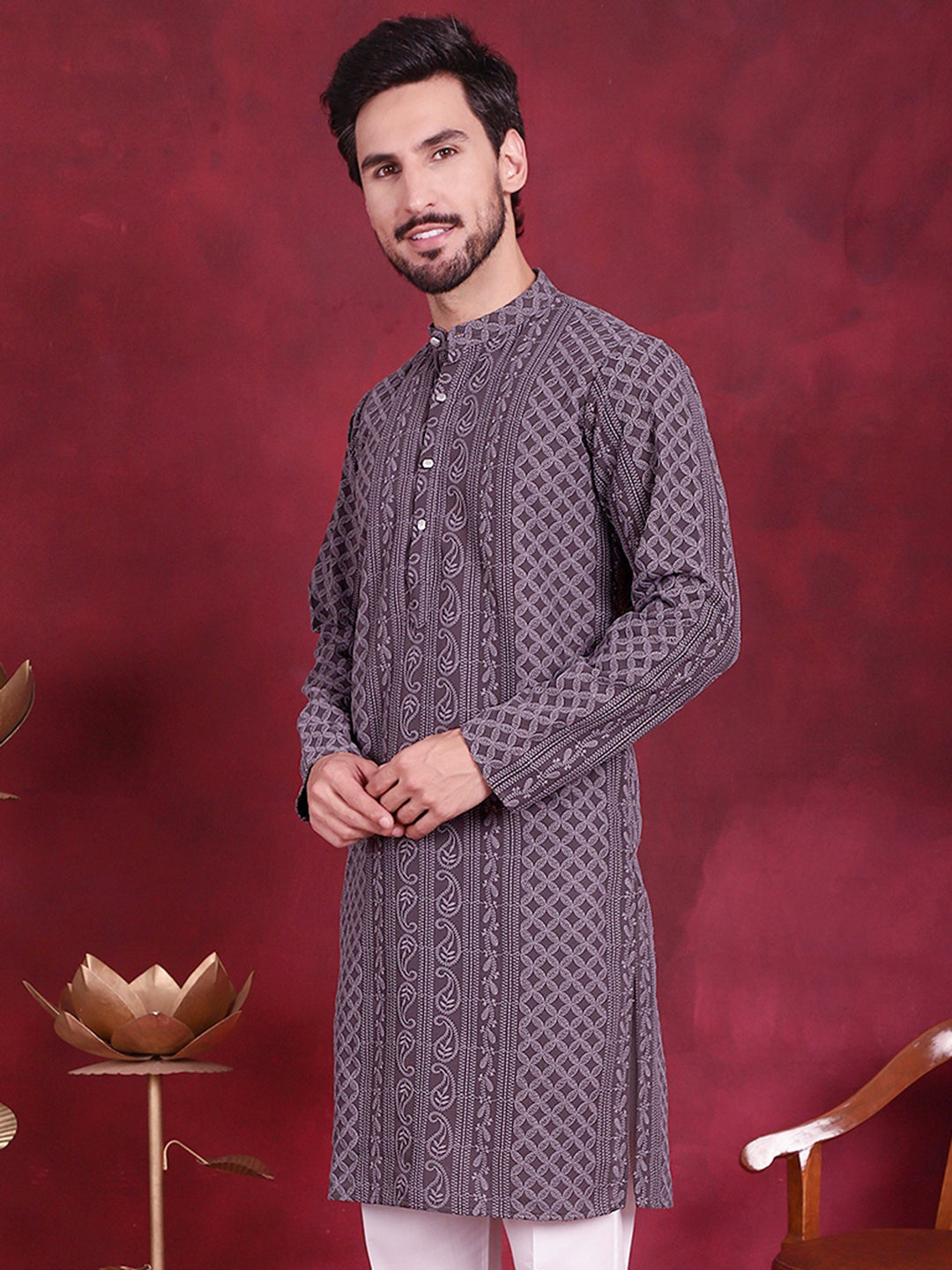 Jompers Men's Chikankari Embroidered Kurta - Grey - Distacart