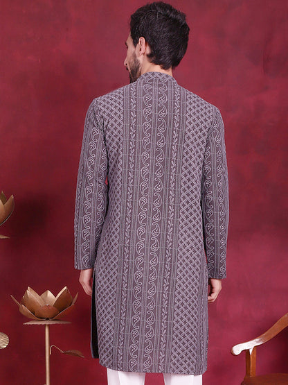 Jompers Men's Chikankari Embroidered Kurta - Grey - Distacart