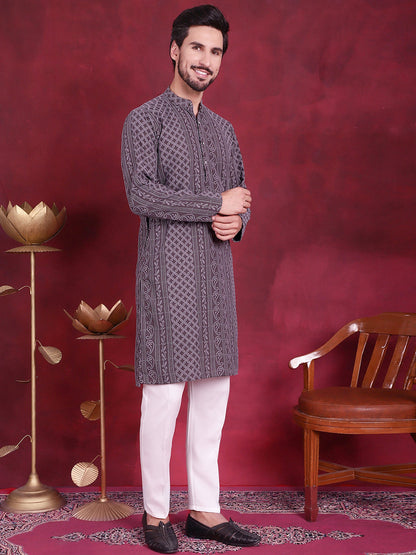 Jompers Men's Chikankari Embroidered Kurta - Grey - Distacart