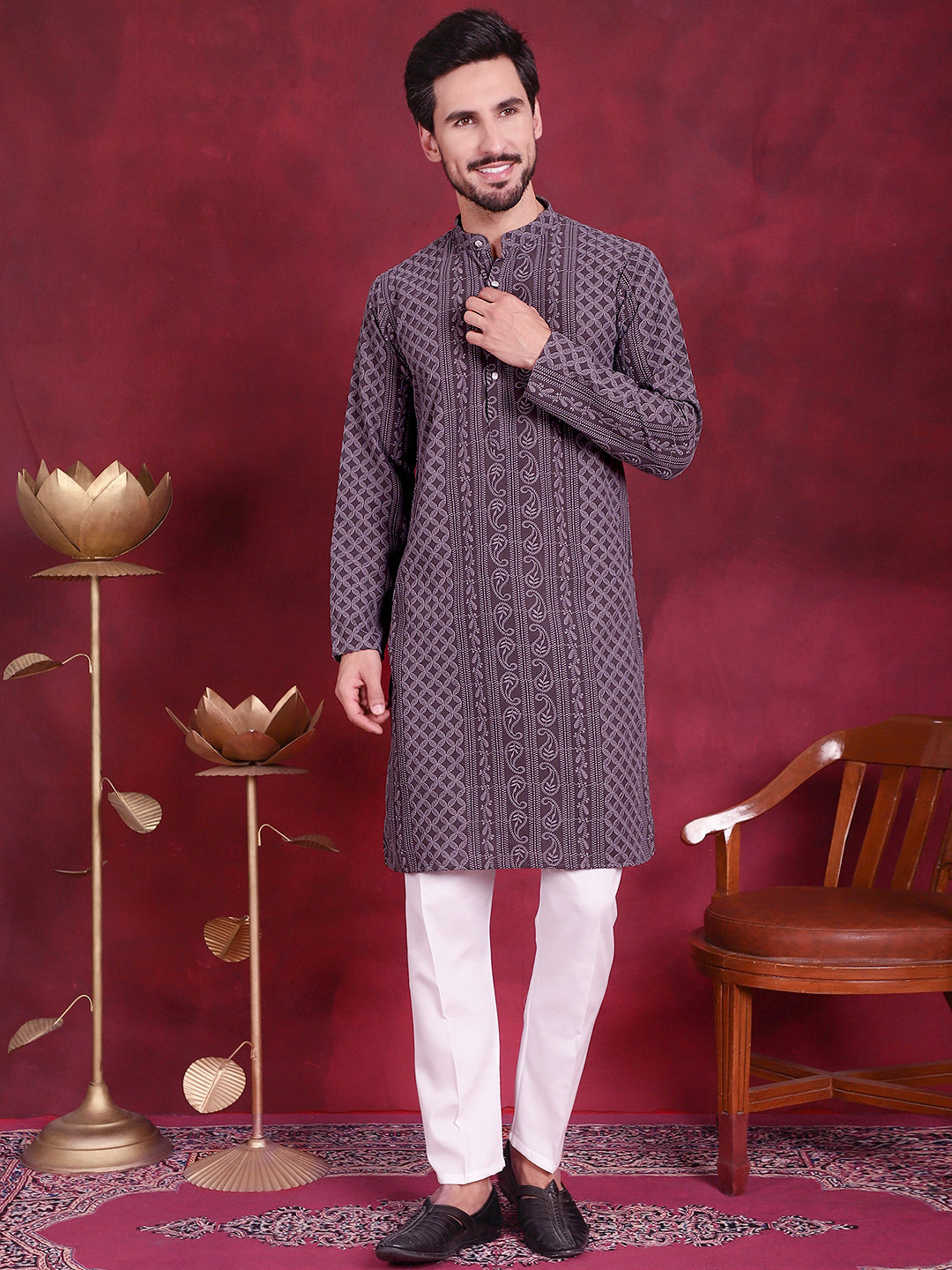 Jompers Men's Chikankari Embroidered Kurta - Grey - Distacart