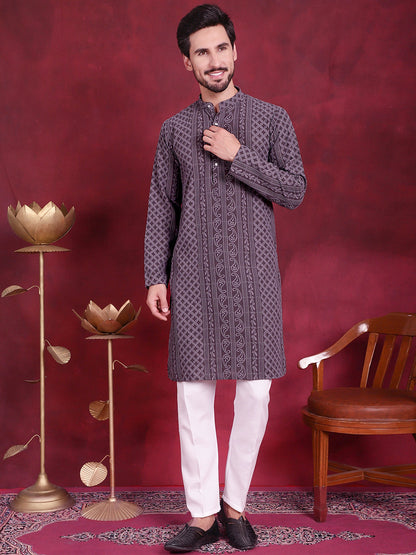 Jompers Men's Chikankari Embroidered Kurta - Grey - Distacart