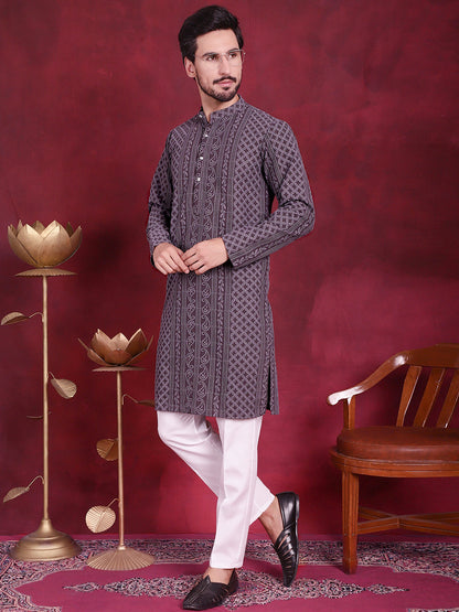 Jompers Men's Chikankari Embroidered Kurta - Grey - Distacart