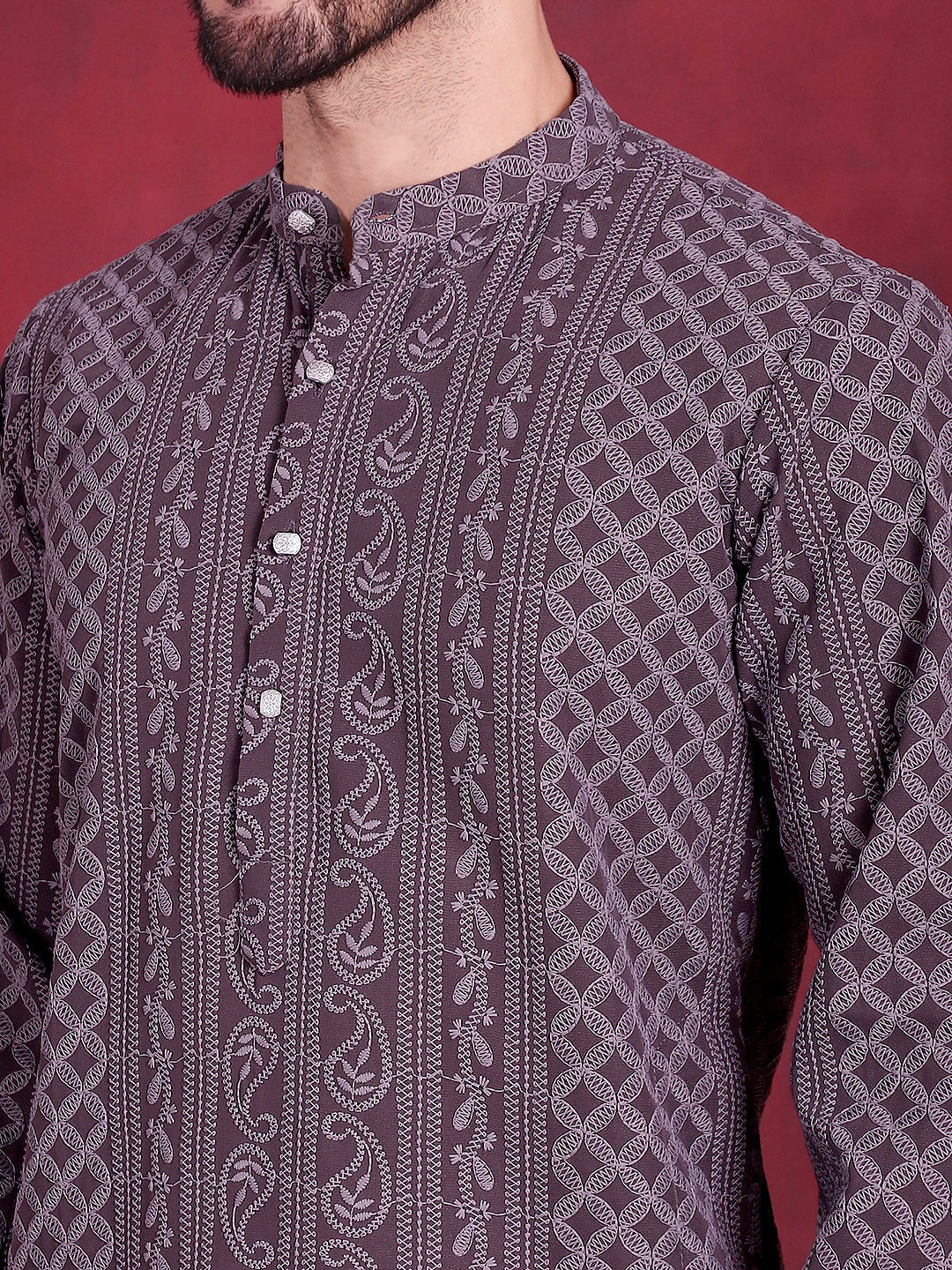 Jompers Men's Chikankari Embroidered Kurta - Grey - Distacart