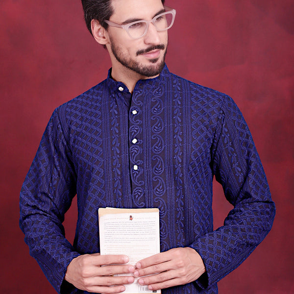 Jompers Men's Chikankari Embroidered Kurta - Navy Blue - Distacart